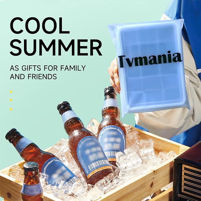 Tvmania Ice Cube Trays Set of 2, 15-Cube Silicone Molds with Removable Lids | Stackable, easy release, BPA-free, reusable, for freezer and whiskey