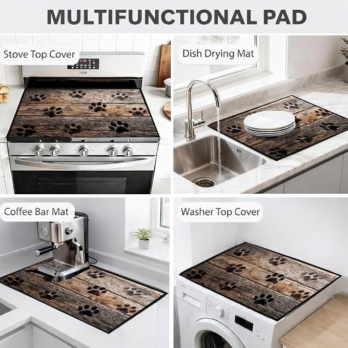Paw Print Stove Top Cover 28x20 Inch Decorative Electric Stove Cover | Heat Resistant Cooktop Protector Mat with Non-Slip Backing, Scratch Protection and Countertop Drying Mat.