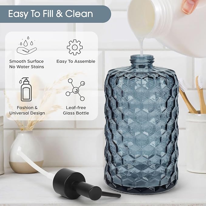 Topsky Glass Soap Dispenser with Plastic Pump, 475ml Liquid Hand Soap Dispenser, Rustproof Pump for Kitchen & Bathroom, Great for Lotions, Essential Oil, Liquid Soaps (Grayish Blue)