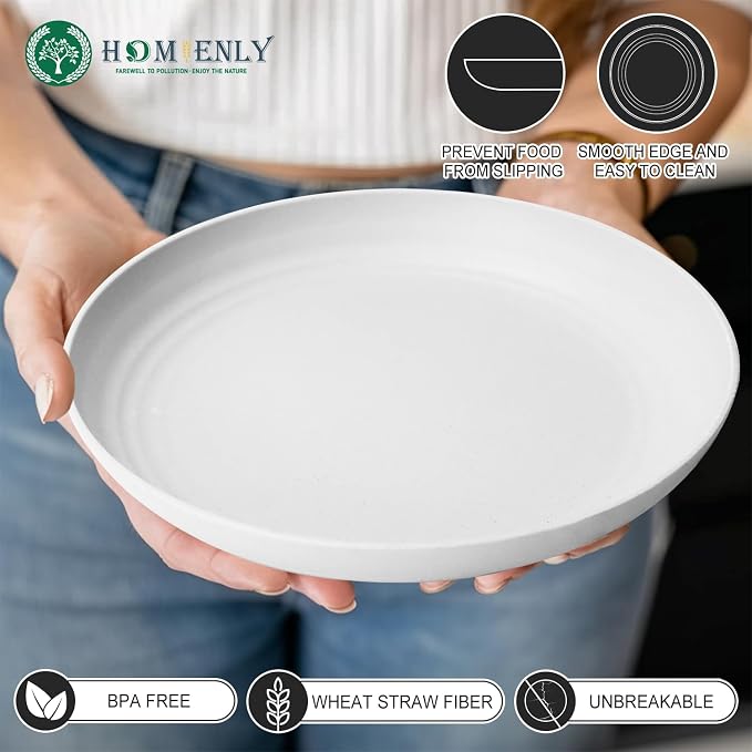 Deep Dinner Plates, Wheat Straw Plates 10 inch Set of 8, Unbreakable Plates for Kitchen, Kids, Lightweight Microwave and Dishwasher Safe Camping Plate Set for Salad, Dinner, Fruit - White
