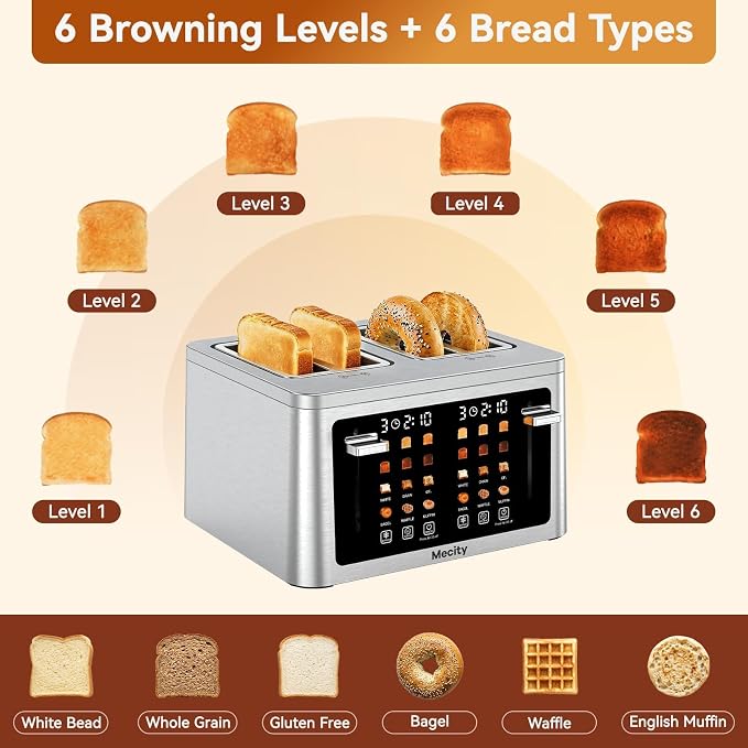 Mecity 4 Slice Touchscreen Toaster, 6 Bread Modes & 6 Browning Levels, Dual Touch Control Wide Slot Stainless Steel Electric Toaster with Memory, Defrost, 3-Min Auto Shutoff for White, Bagels, Waffles
