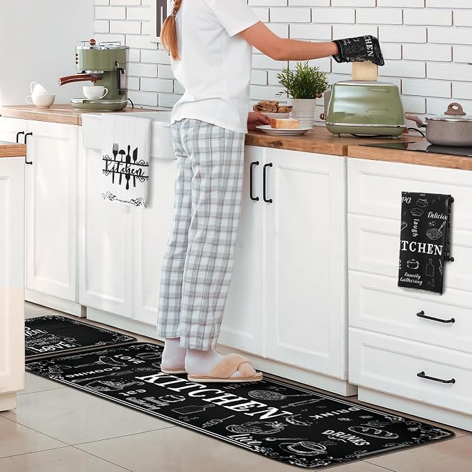 Fourluoo 16 Pcs Black White Kitchen Towel Rug Set Modern Decor | Non Slip Kitchen Rugs Mats, Oven Mitts Pot Holders Curtains, Farmhouse Home Decor Accessories, Housewarming Gift