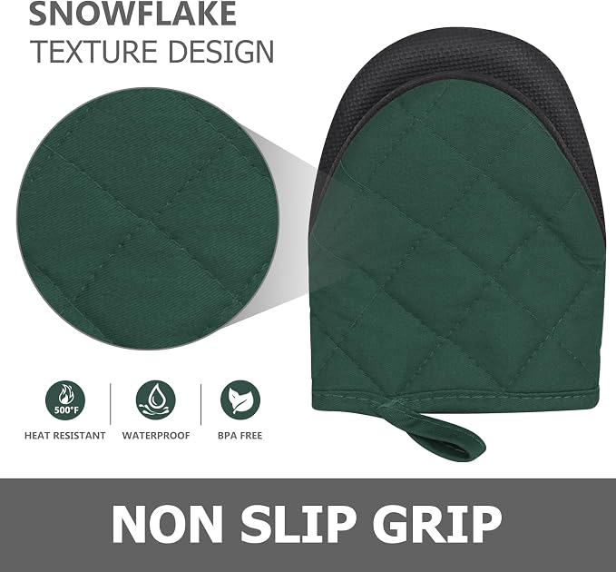 1 Pair Short Oven Mitts - Silicone Kitchen Oven Gloves High Heat Resistant 500℉, Mini Oven Mits with Non-Slip Grip Surfaces and Hanging Loop for BBQ, Baking, Cooking and Grilling (ArmyGreen)