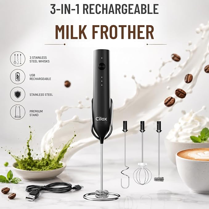 Rechargeable Milk Frother Handheld with 3-Speed & 3 Detachable Stainless Whisks with Stand, Electric Whisk Frother Wand, Mixer Wand for Coffee, Lattes, Cappuccino & Matcha