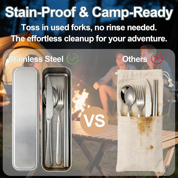 316 Stainless Steel Travel Utensils Set with Case - Food Grade Reusable Cutlery for Work, Camping, Picnic, Lunch Box - Include Fork, Knife, Spoon, Chopsticks