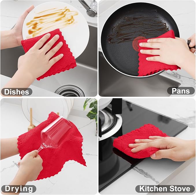 Homaxy 12 Pack Super Soft Absorbent Dish Cloths, 10" x 10", Red | Coral Velvet, Nonstick Oil Fast Drying Microfiber Cleaning Cloth, No Lint Household Dishcloths