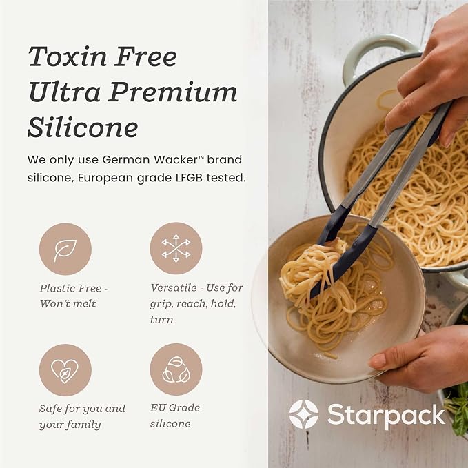 Starpack Get a Grip Silicone Kitchen Tongs (2-Pack, 9" + 12") - LFGB Non Toxic, 600°F Heat Resistant, BPA-Free - Heavy-Duty Stainless Steel, Locking - Dishwasher Safe for Nonstick Cookware Gray Black