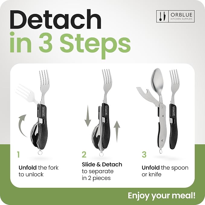 Orblue 4-in-1 Camping Eating Utensils, 2-Pack - Portable Spoon, Fork, Knife & Bottle Opener Combo Set - Stainless Steel Flatware with Detachable Fork - Travel, Backpacking Cutlery Multitool, Black