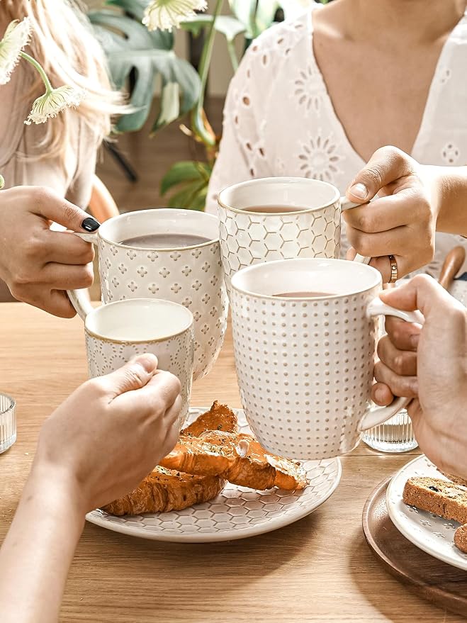 LE TAUCI Coffee Mugs 16 oz,Ceramic Mug Set, Embossment Cups for Latte, Hot Tea, Cappuccino, Mocha, Cocoa, Dishwasher Safe, Suit For Housewarming Wedding- 3.8 inch, Set of 4, Arctic White