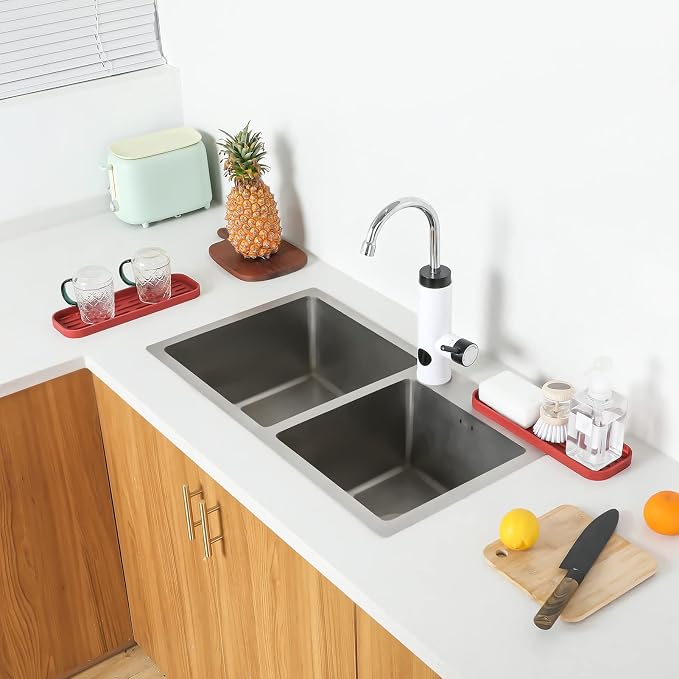 MicoYang Silicone Kitchen Sink Organizer Tray for Multiple Usage,Eco-Friendly Sponges Holder for Kitchen Bathroom Counter or Sink,Dish Soap Dispenser,Scrubber,Bottle,Cup (Red, 12"×4")