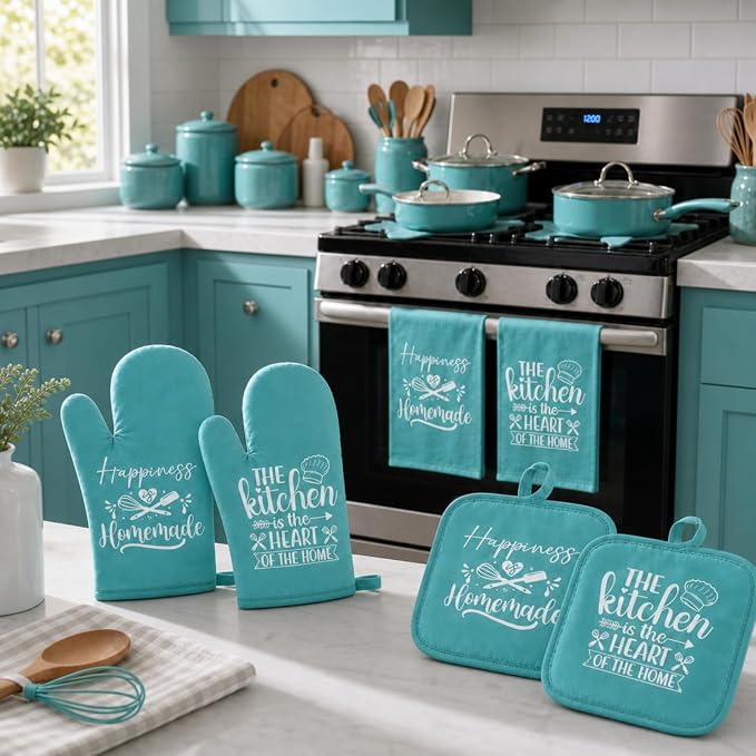 Sratte 6 Pcs Kitchen Decor Accessories Set, Kitchen, Light Teal | Farmhouse Kitchen Towels Pot Holders Oven Mitts Set 2 Dish Towels 2 Potholders 2 Cooking Mittens for Baking Cooking Supply