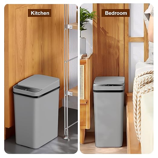2 Pack - 2.5 Gallon Motion Sensor Bathroom Trash Can - Slim Smart Trash Can | Skinny Trash Bin with Lid - Electric, Narrow, Plastic, Auto Open - Small Automatic Garbage Can ( Grey )