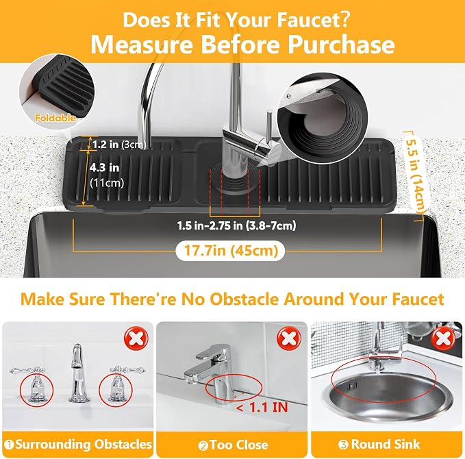 17.7'' Folding Faucet Mat for Kitchen Sink Splash Guard[7° Slope Fast Self-draining][Snap Lock Fit] Kitchen Sink Faucet Mat Splash Guard Kitchen Sink Area Water Splash Guard Behind Faucet Draining Mat