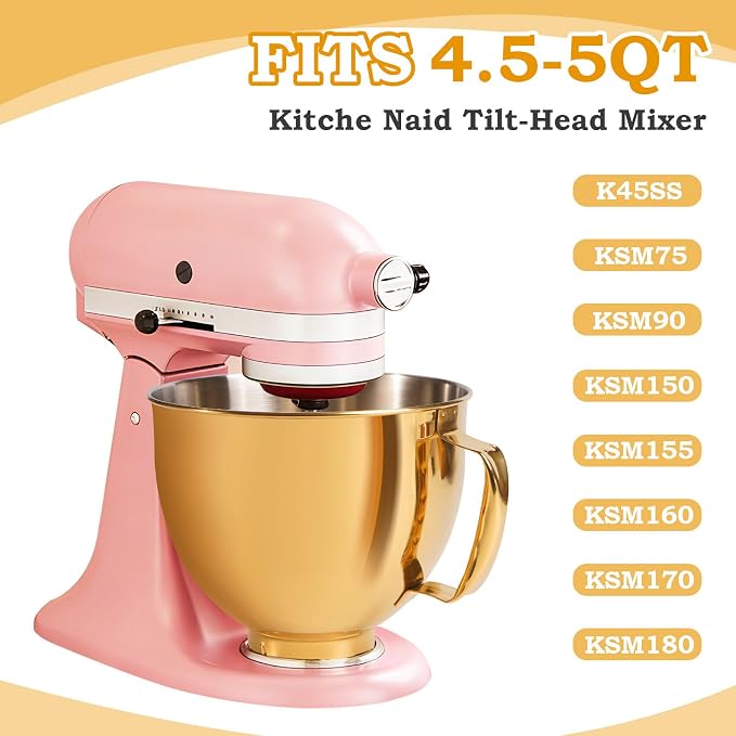 5 Quart Mixing Bowl for KitchenAid Stand Mixers, Food-Grade Stainless Steel Bowl with Handle & Clasp, Compatible with Tilt-Head 4.5–5 Qt Models – Fits K45, K45SS, KSM75, KSM150, KSM95
