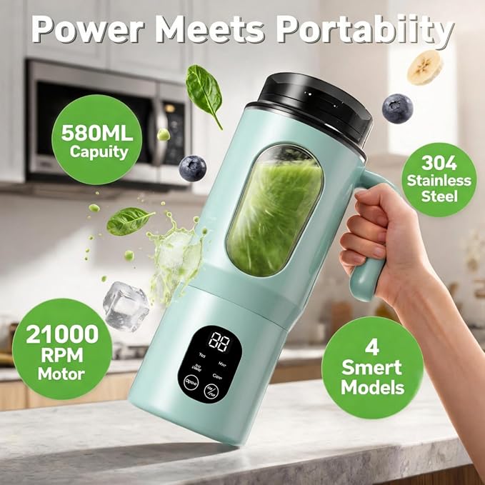 Lilogi 580ML Portable Blender with LED Display, 12-Blade USB-C Rechargeable Travel Blender with Handle & Extra Lid, Ideal for Kitchen, Office, Gym & Outdoor Sports