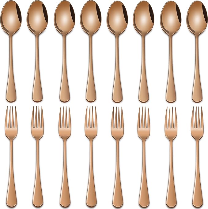 6.7 Inch Forks And Spoons Silverware Set of 16, Rose Gold Stainless Steel Salad Forks And Teaspoons, Metal Small Spoon And Fork Set
