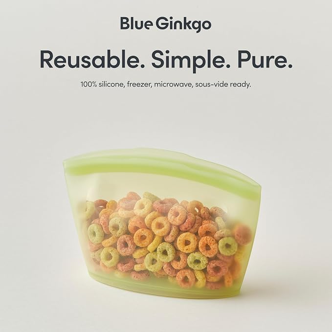 Blue Ginkgo Silicone Food Storage Bags, 3-Pack, Reusable, Made in Korea | Leakproof. Stand Up. Freezer and Dishwasher Safe. (Olive Green)