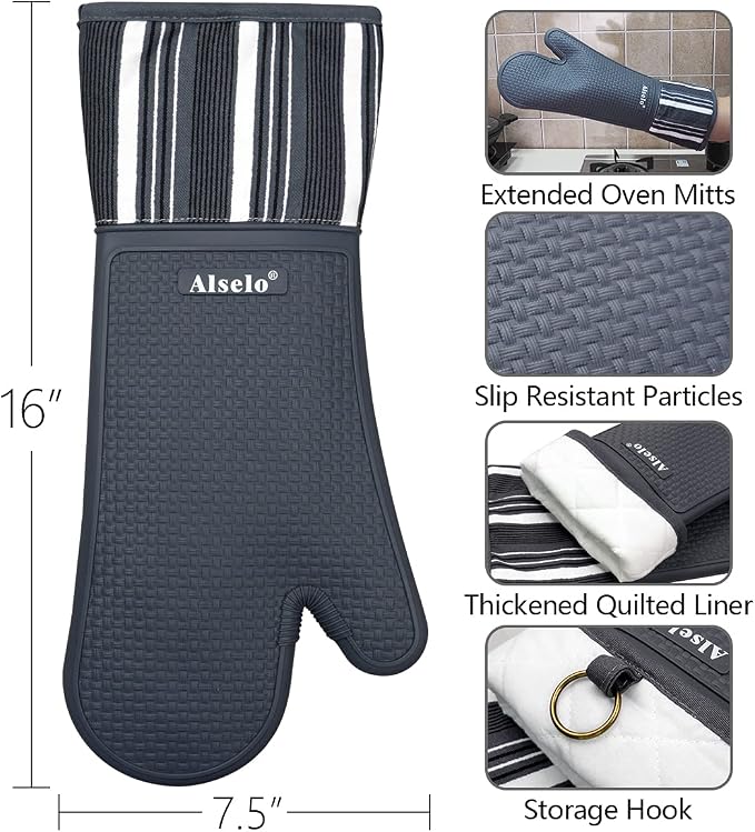 Alselo Silicone Oven Mitts Set, Heat Resistant 550 Degree,7.5"x16" | Extra Long Kitchen Mittens,Waterproof & Non-Silp Oven gloves for Baking Cooking Barbecue Microwave (Extra Long Grey, 2)