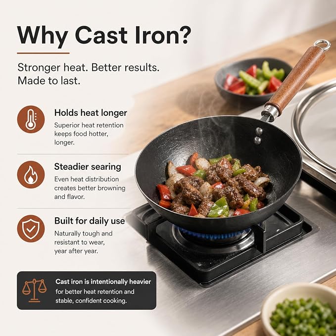 Carbon Steel Wok Pan, Flat Bottom Stir Fry Wok (10.20 inch)