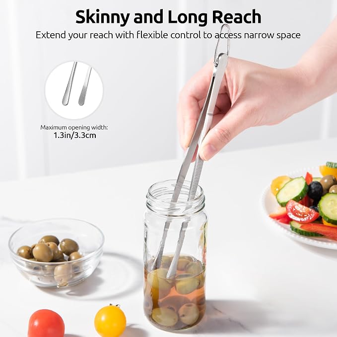 U-Taste Kitchen Cooking Tweezers, 18/8 Stainless Steel Tongs Set of 2, 8in | Food-Grade Metal Food Tongs Set, Seamless-Welding, Long Professional Chef Tweezer for Plating Serving Grilling Frying Feeding