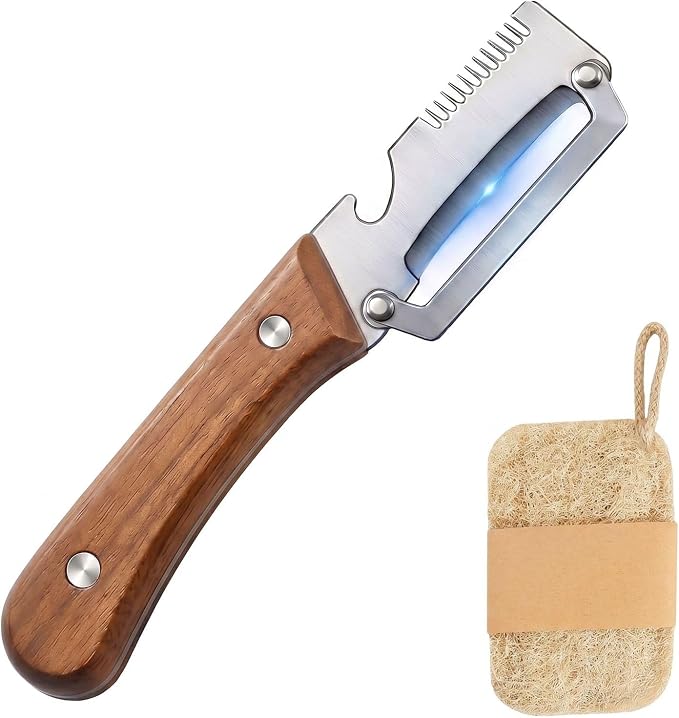 3-in-1 Vegetable Peeler, Julienne Shredder, Classic Dark Wood | Stainless steel 3-in-1 peeler with wood handle, bottle opener and natural loofah sponge for vegetables, scallions and prep.