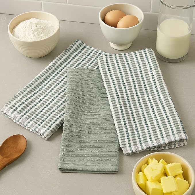 Sage Green Kitchen Dish Towels- Set of 3 100% Cotton Soft Cleaning Drying Absorbent Textured Terry Loop- Oversized 28" x 18" Multipurpose Towels for Everyday Use