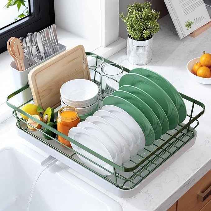 Kitsure Dish Drying Rack for Kitchen Counter, 12''W x 15.5''L, Green | Stainless Steel Sink Organization, Cutlery Holder, Home and Appartment Decor