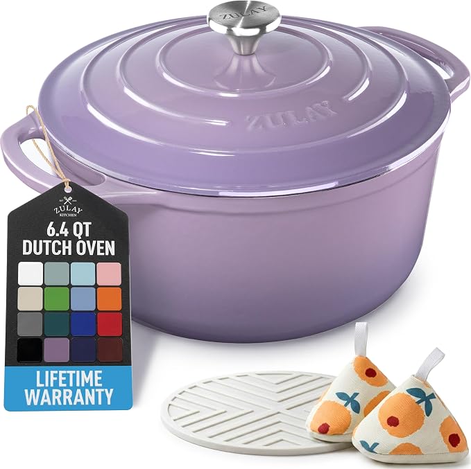 Zulay Kitchen 6.4QT Enameled Cast Iron Dutch Oven Pot with Lid, Heavy-Duty Soup Pot for Stews, Braising, Roasting & Sourdough Bread Baking, Oven Safe up to 500°F - Lavender Jade