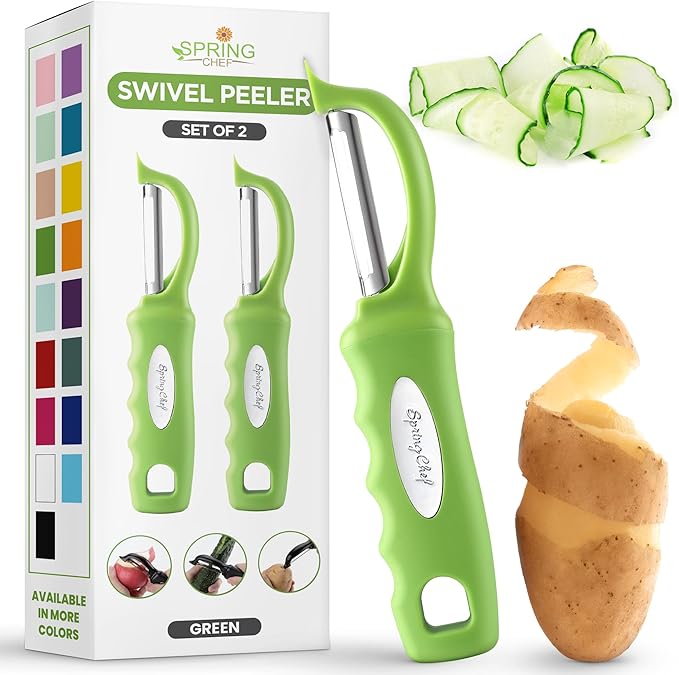 Spring Chef Swivel Vegetable Peeler with Soft Grip Handle, Set of 2, Green | Premium Potato Peeler w/ Ultra Sharp Stainless Steel Blades, Multifunctional Veggie Peeler for Apple, Carrot, Cucumber, Fruit