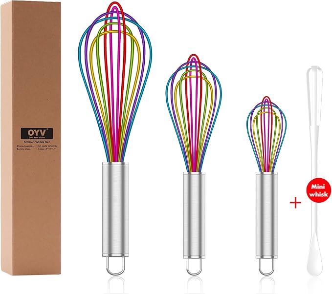 OYV Rainbow Silicone Whisk Set of 3, 8/10/12 Inch, Non-Scratch, Colorful | BPA-Free Silicone, Heat Resistant Up to 480°F, Stainless Steel Core, Dishwasher Safe, Nonstick-Safe
