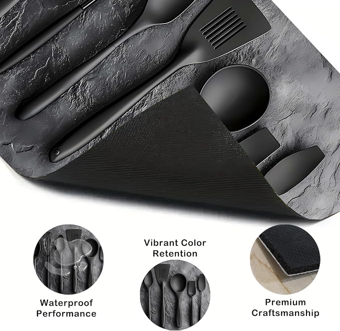 Nuxovilar Stove Top Cover Cooktop Mat 28.3x20.4in Polyester Diatom | Electric Guard Range Countertop Pad Burner Protection Sheet Kitchen Decor Cooking Space Home Accent (Black Utensils)