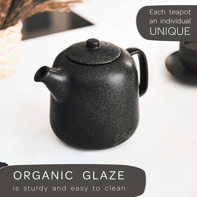 Design Tea Pot (44 oz) - Premium Ceramic Teapot with Infuser for Loose Tea - Black Teapot Ceramic with Removable Strainer