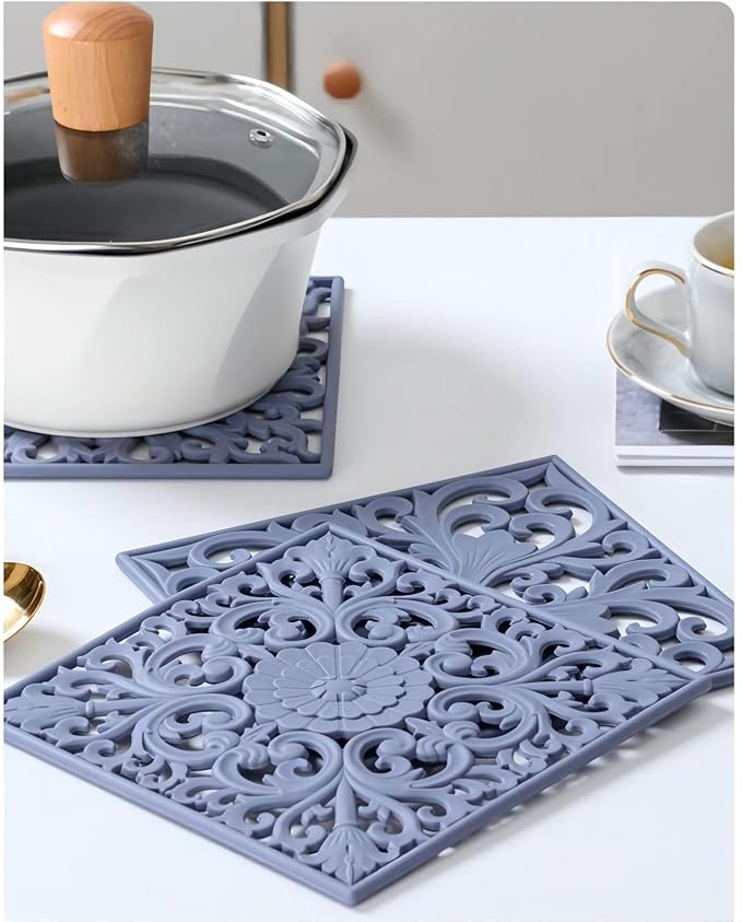 Silicone Trivets Mats for Hot Pots and Pans, Square Non Slip Mat for Table or Counter, Multi-Use Hot Pads for Microwave, Flexible Modern Pad Heat Resistant Big Teapot Coaster Set of 3 Gray