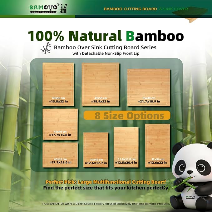 BAMOTTO CRAFTBAMBOO 12.5x20.4 Inch Bamboo Cutting Board Over Sink | Built-in Front Lip | Flat Both Sides | Non-Slip RV Camper Stove Cover | Chopping Board for Small Kitchen | 4.76 lbs