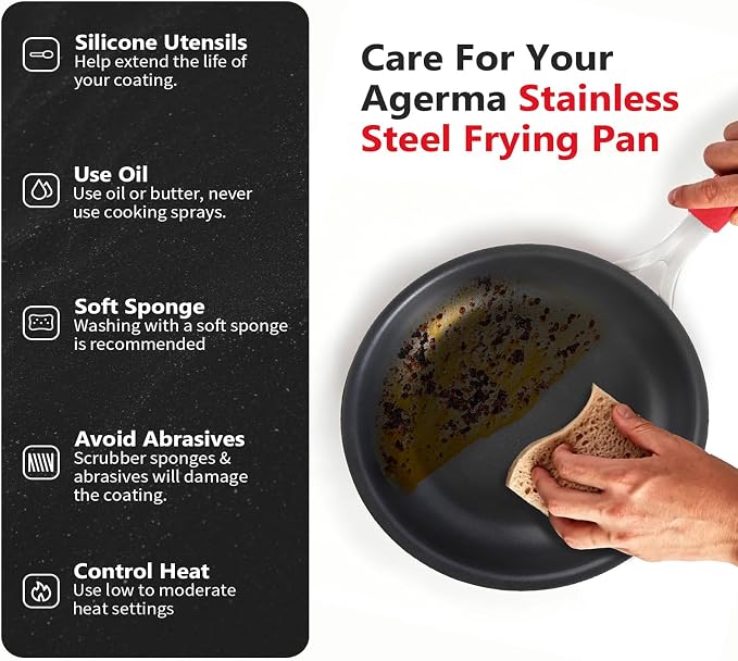 12 Inch Nonstick Frying Pan, Tri-Ply Clad Stainless Steel Skillet with Reinforced Coating, Detachable Handle with Sleeve, Dishwasher & Oven Safe, Induction Compatible, PFOA-Free Fajita Pans