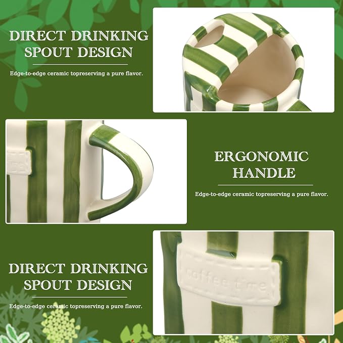 1 Pack Ceramic Mug with Sip Hole, Handle, Green | 10oz Ceramic Coffee Cup with Straws, Retro Hand Painted Striped, for Iced Coffee Tea Latte Espresso, Kitchen Dining Travel