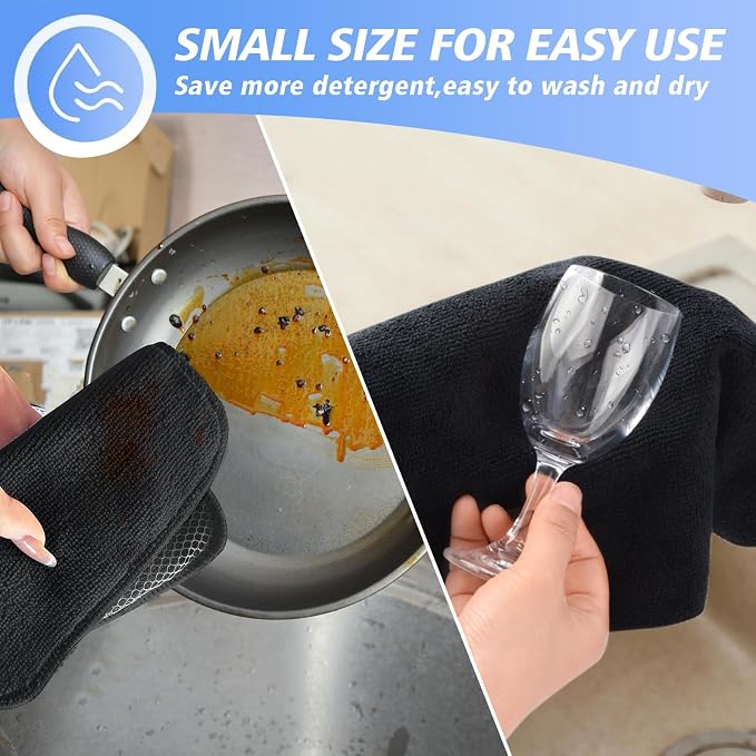 Dish Cloths for Washing Dishes with Scrub Side, Microfiber Dish Rags | Dual-sided microfiber dish cloths with scrubber for stuck-on food, quick dry kitchen washcloths 18 Pack, 7" x 7 Inch Black