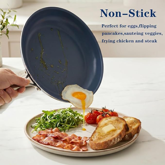 10 Inch Stainless Steel Ceramic Non Stick Frying Pan Skillet with Lid - PFOA Free, Oven Safe 550°F, Dishwasher Safe, Induction Compatible, For Searing Steaks, Cooking Eggs & All Stovetops