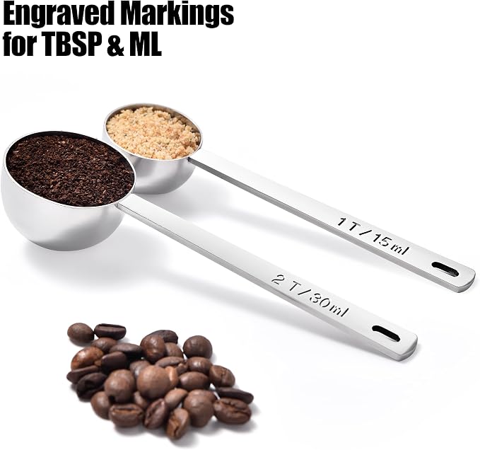 Doosu Metal 4.3in Long Handle Coffee Scoop for Ground Coffee (1 & 2 Tbsp) | Food-Grade 18/8 Stainless Steel Measuring Spoon, Tablespoon Scooper for Coffee Beans, Espresso, Protein Powders, Tea, Sugar