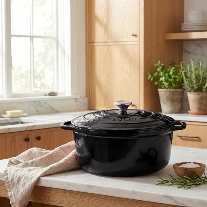Zulay Kitchen 7.7 Quart Enameled Cast Iron Dutch Oven Pot with Lid – Premium Durability & Oven Safe up to 500°F – Heavy Duty Cookware Perfect for Bread Baking, Stews, Braising & Roasting – Black