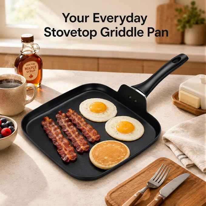 10 Inch Square Griddle Pan, Nonstick Grill Pan for Cooking Eggs, Omelettes, and More, Griddle Cookware, PFOA Free