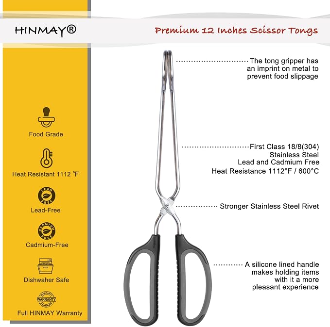 HINMAY Scissor Tongs with Comfort-Grip Handle 12-Inch Cooking Tongs | Black Handle