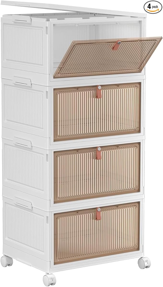 YFXCVSL 4 Tier Plastic Storage Bins with Lid 32QT, Stackable Storage Bins | Plastic Storage Bins with Wheels, Folding Storage Boxes, Organizers and Storage for Living Room,Office,Dorm