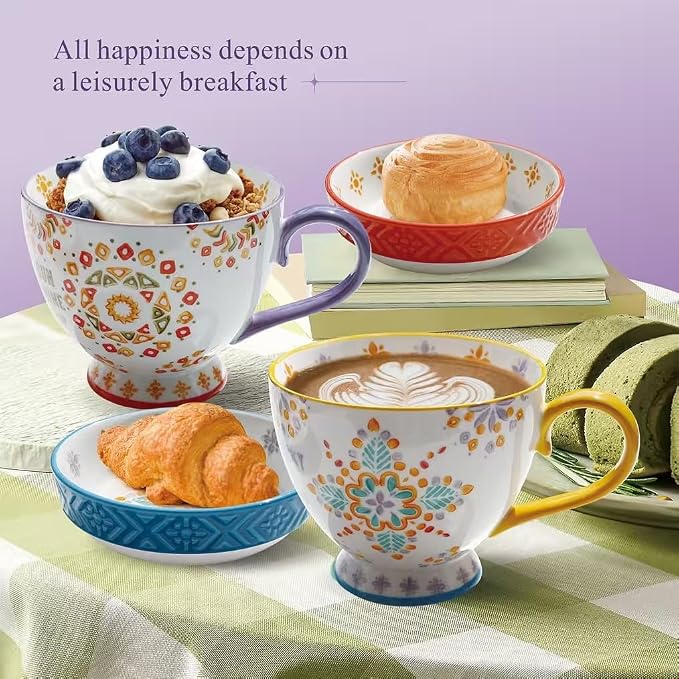 Large Ceramic Coffee Mugs Set of 2,15 oz Stoneware Coffee Cups with 2 Saucers,Underglaze Hand-Painted Cup For Coffee/Cereal/Beer,Festivals and Housewarming Gifts For Family And Friends