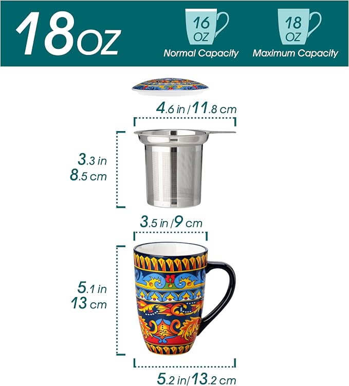 vancasso 18 Oz Tea Infuser Mug with Lid, Midnight Peacock | Eye-Catching Bohemian Pattern, Adds Charm to Any Tea Corner, Ceramic Mug with Infuser, Microwave and Dishwasher Safe