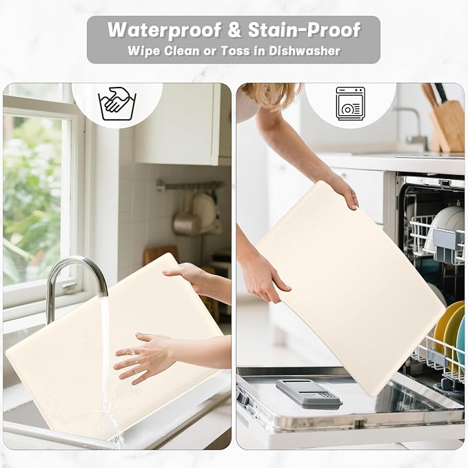 Rnivvi Silicone Coffee Mat, 12" x 19" Waterproof Raised Edge Coffee Bar Mats for Espresso Machine Station Accessories, Heat Resistant Dish Drying Pad for Kitchen Counter, Rubber Bar Decor Pad, Beige