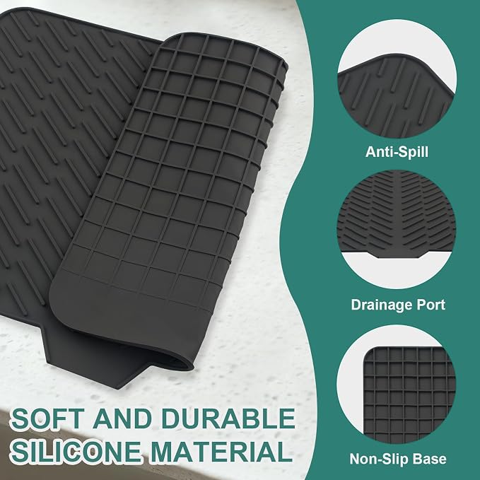 Silicone Dish Drying Mat for Kitchen Counter, 23" x 17" Black-1pcs | Heat Resistant & Non-Slip Dish Drain Pad with Built-In Drain, Quick-Dry, Hangable & Roll-Up for Storage，Multi-Functional Use