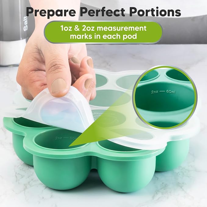 KeaBabies Silicone Food Freezer Trays with Lid, 2oz x 10 Pods(Alpine Green) | Baby Food Storage Containers, Easy Puree Meal Prep, Breast Milk Silicone Freezer Molds, Dishwasher, Microwave Safe, BPA-Free