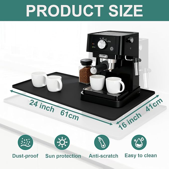Silicone Coffee Mat 24 x 16 in Classic Black | Coffee bar mat for countertop use, coffee station mat or coffee machine mat with removable tray