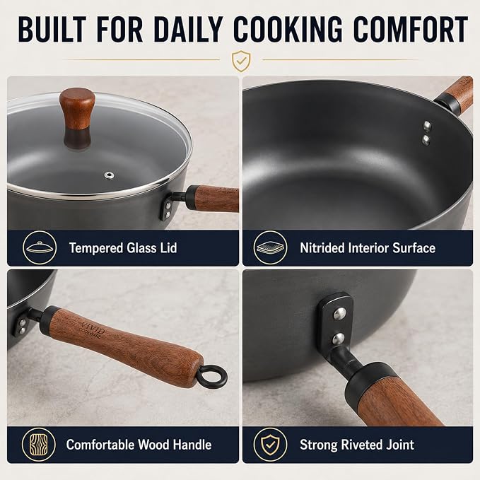 4 Qt Nitrided Carbon Steel Deep Wok with Lid, Flat Bottom | Deep 4 Qt nitrided steel for braising, soups, noodles and one-pot meals; wooden handle; gas, electric and induction ready.